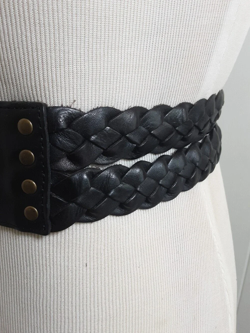 FOSSIL Black Studded Wide Woven Leather Belt Decorative Buckle Sz M - Y2K